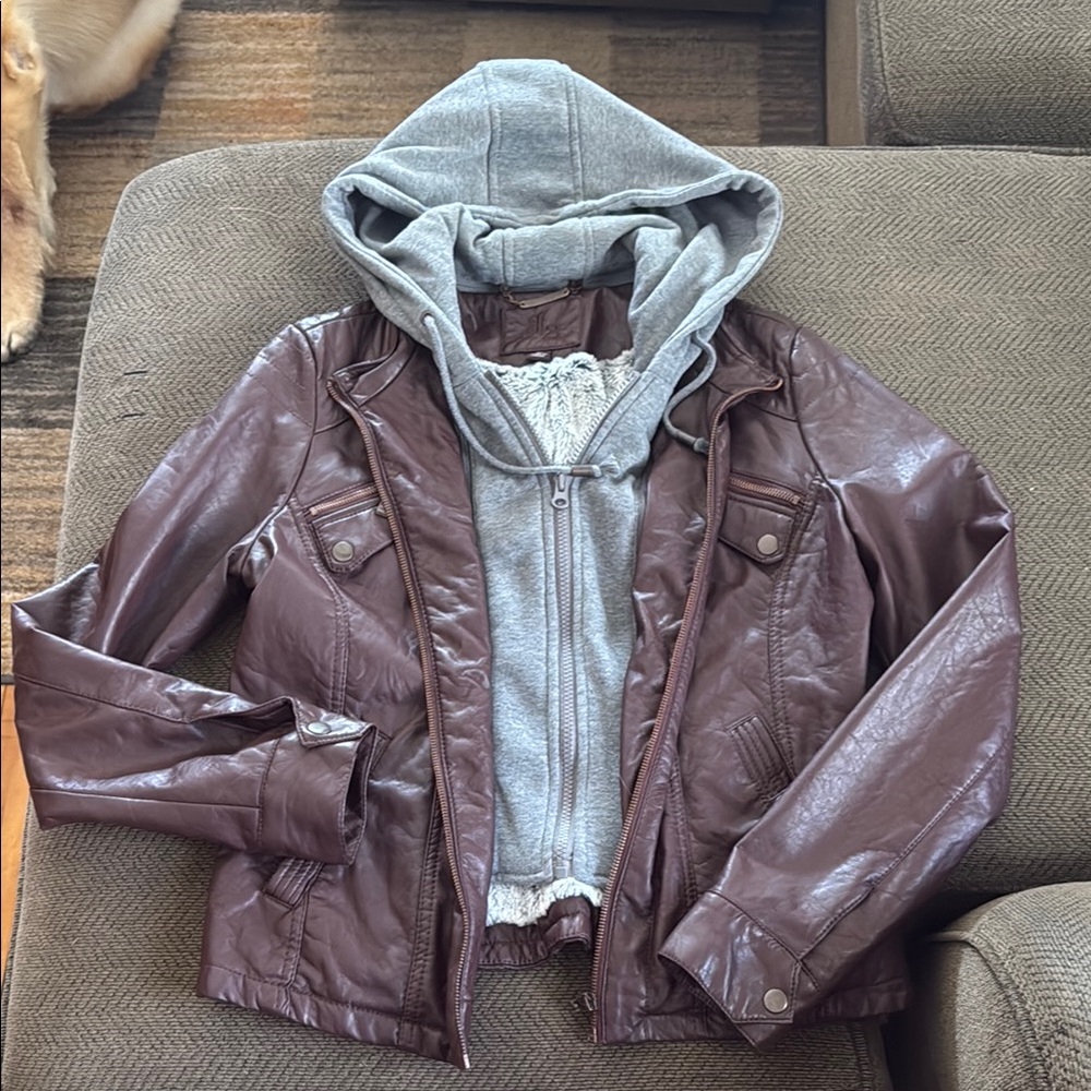 Brown Leather Jacket with Gray Hoodie